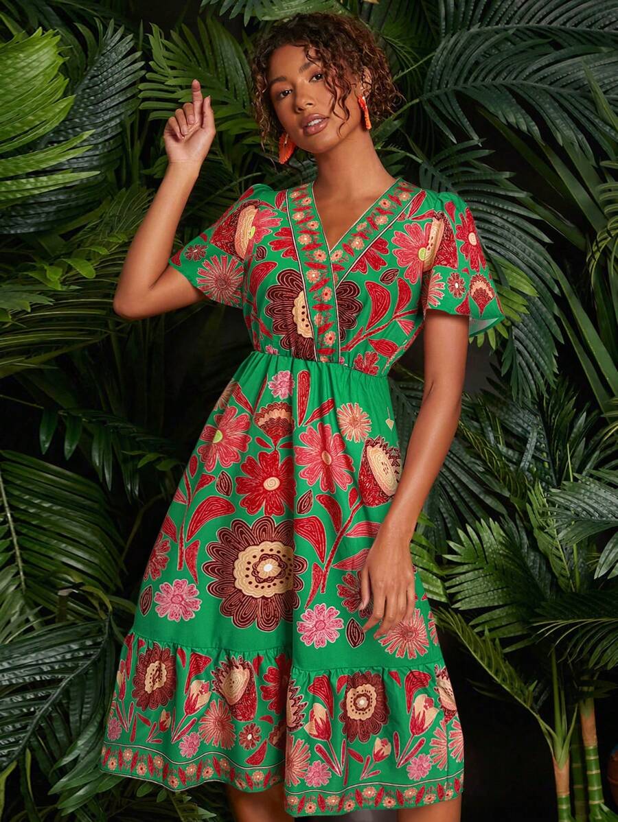 Travachic 花卉印花蝴蝶袖荷叶边下摆女式连衣裙，秋季女式连衣裙 - 綠色 - 查看 1