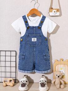 SHEIN Playful Pals 男婴休闲可爱百搭蓝色水洗牛仔背带裤（仅裤子） - 中等水洗藍 - 查看 4