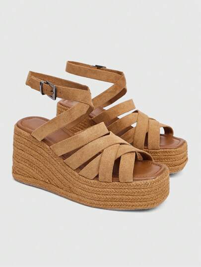 Fairycore Damen Mode Plateau Keilabsatz Lässig Urlaub Wildleder gekreuzte Riemen Strand & Straße Seil Boden Sandalen, Hellbraun