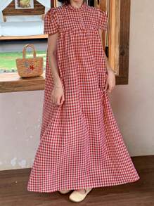 FRIFUL 女士格子长款 Polo 领连衣裙，褶裥大下摆，生日/节日/度假/沙滩衬衫裙 - 紅色 - 查看 3