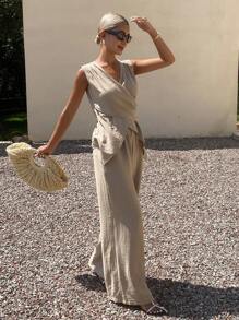 Livesso Women Two Pieces Outfits For Daily Wear Linen - Khaki - View 2