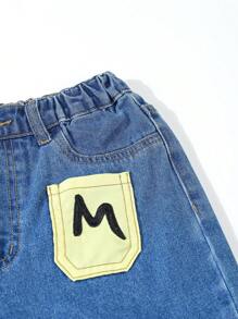 Shorts en jean droits avec poches multiples et lettre brodée vintage pour garçons, pour l'été