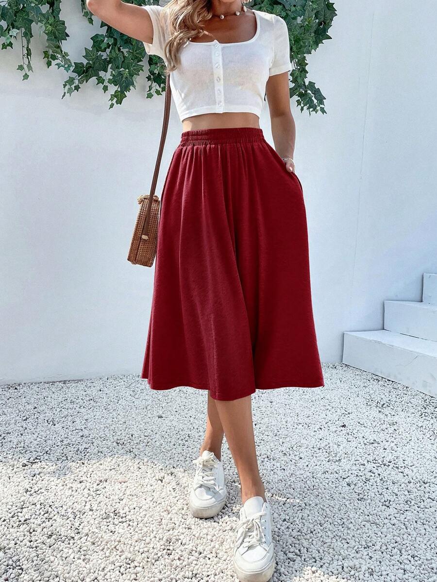 Breezaya Simple Solid Color Casual Vacation Skirt, Summer - Burgundy - View 1