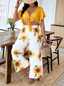 SHEIN Clasi 大码女式休闲度假系带上衣和向日葵印花裤两件套 - 黃色 - 查看 1