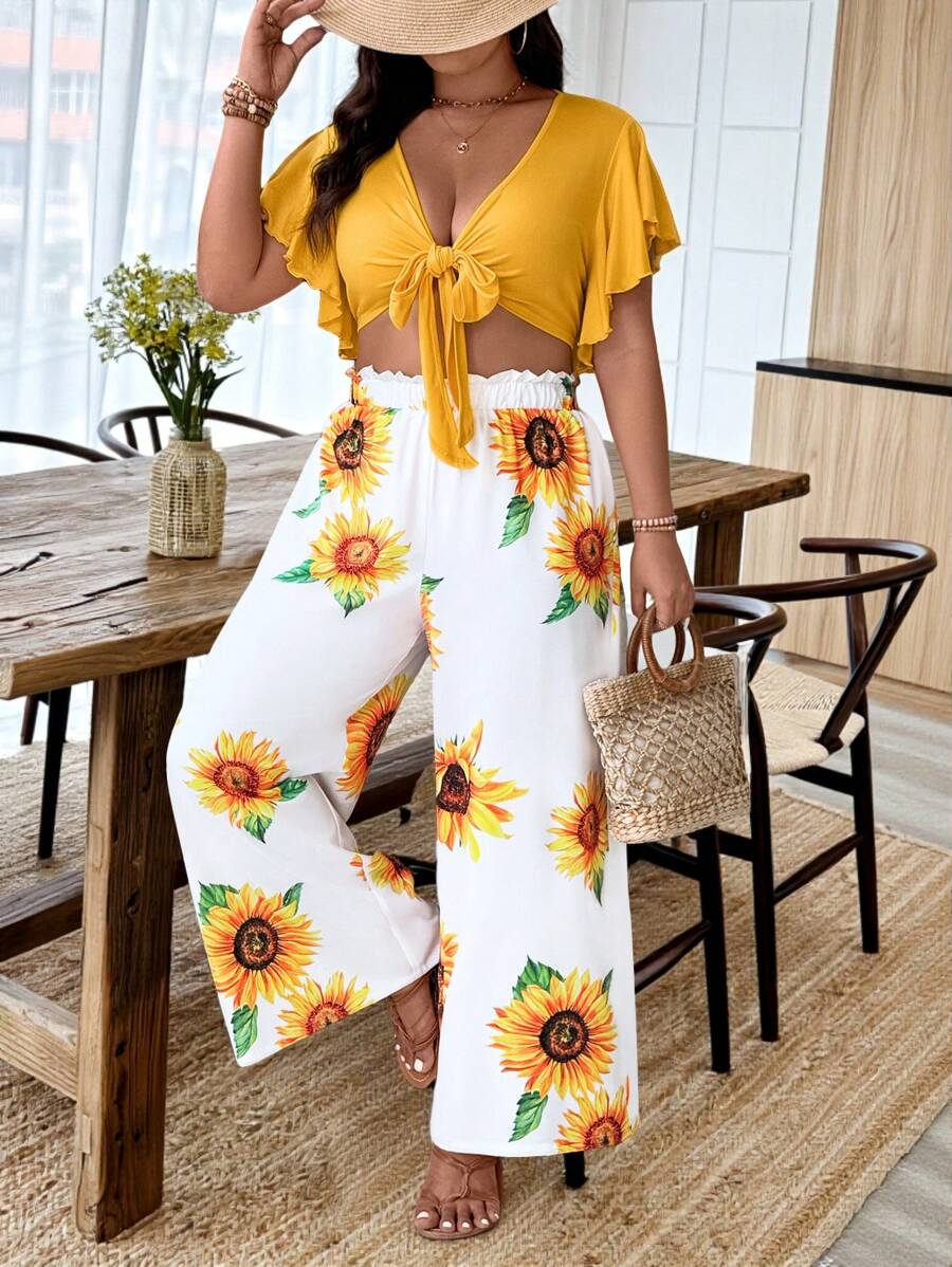 SHEIN Clasi 大码女式休闲度假系带上衣和向日葵印花裤两件套 - 黃色 - 查看 1