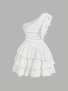 SHEIN MOD 大码女式不对称肩袖短款连衣裙 - 白色 - 查看 2
