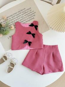 Young Girl Sleeveless Solid Color Top And Shorts 2 Pieces Set - Pink - View 5