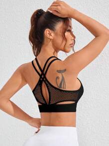 SHEIN Sports 纯色镂空工字背无缝运动瑜伽文胸女款运动文胸女款健身服女款运动文胸女款健身服女款健身装备女款 - 黑色 - 查看 5