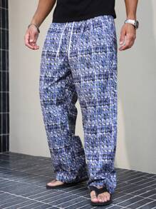 Manfinity Homme Pantalon décontracté ample à jambes droites avec taille à cordon pour hommes, à carreaux, gris-bleu, bleu clair, automne, streetwear, polyvalent pour escapade urbaine, vacances et rave - Bleu gris - Voir 7