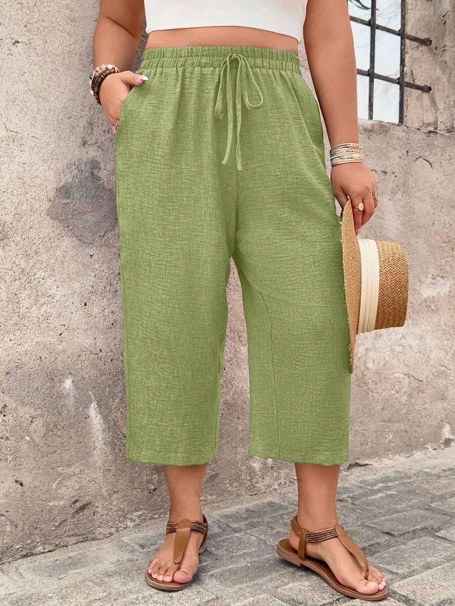 SHEIN Clasi Plus Size Women Casual Textured Capri Pants, Comfortable Daily Wear For Spring/Summer Countryside Vacation - Green - View 1