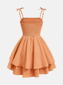 SHEIN Girlism Teen Girls' Solid Color Ruched Double Layer Ruffle Hem Casual Camisole Dress