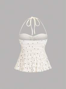 Sweetra Vintage Polka Dot Apricot Drawstring Halter Sexy Backless Summer Vacation Ladies' Tank Top