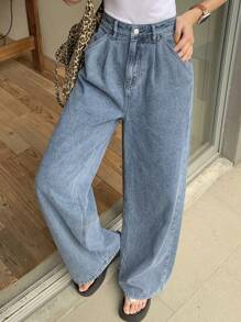 DAZY 女式宽松休闲百褶直筒牛仔裤，返校服