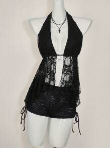 SHEIN ICON 女士蕾丝吊带背心，夏季时尚 - 黑色 - 查看 5