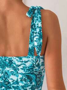 Swim Lushoire 1 buah Baju Renang Terusan Wanita Motif Tumbuhan, Untuk Liburan Musim Panas - Mint Blue - View 3