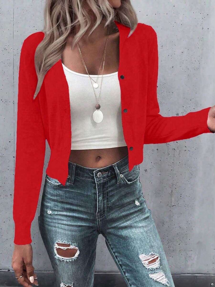 EMERY ROSE Áo Cardigan trơn màu đơn giản tay dài cho nữ - Đỏ - Xem 1