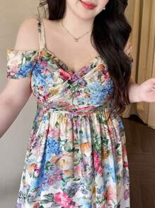 Flirla 大码女式花卉印花优雅露肩连衣裙 - 彩色 - 查看 5