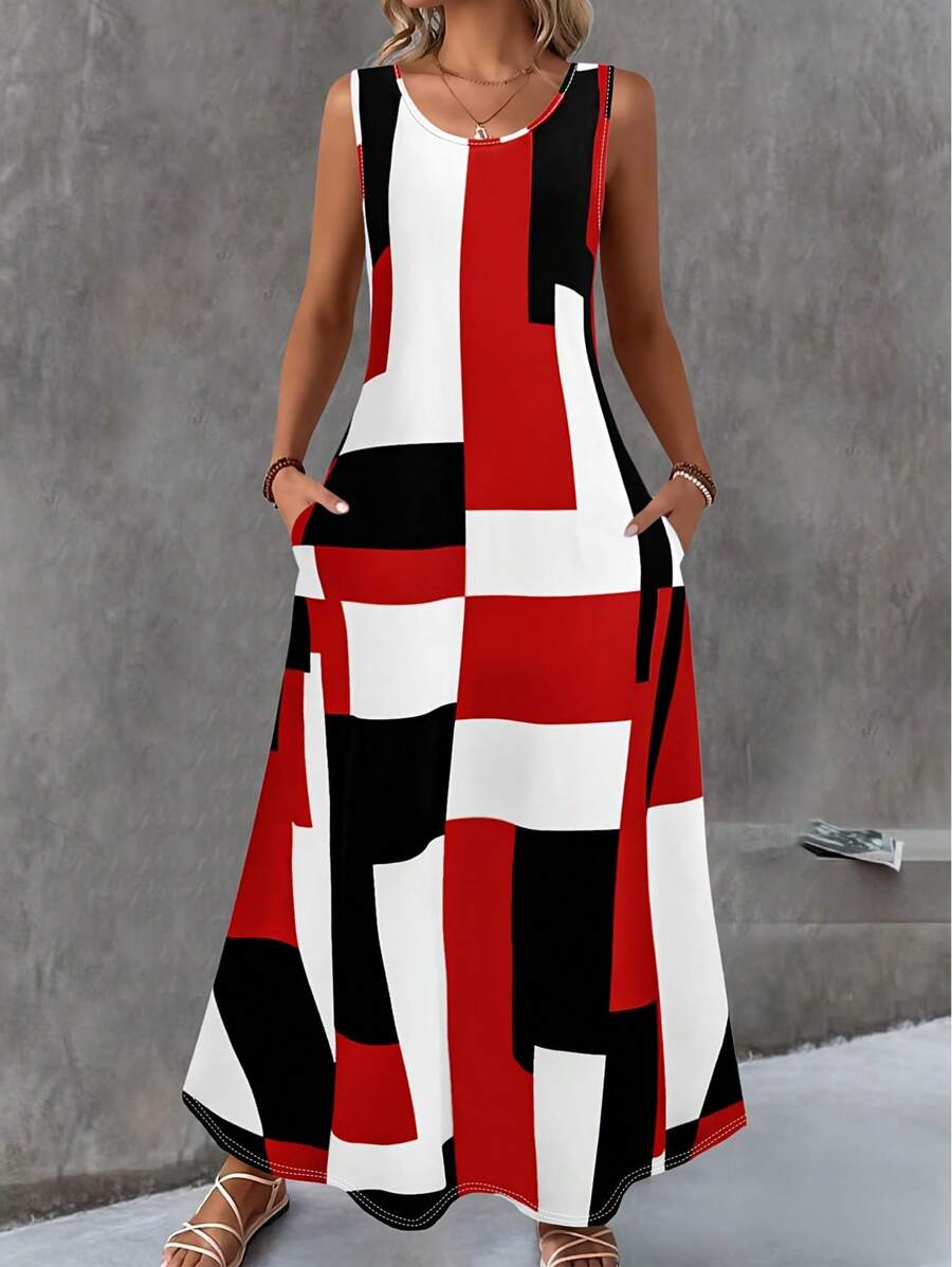Damen Kleid mit geometrischem Muster, ärmellos, Rundausschnitt, mit Taschen
