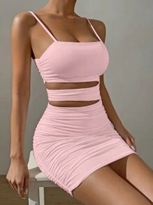 SHEIN PETITE Vestido negro sexy con corte y drapeado, atuendo para cita nocturna, ropa de verano, vestido de graduación, conjunto de playa para mujer - Rosa Pálido - Ver 5