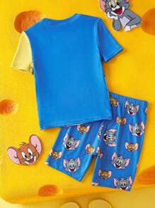 TOM & JERRY X SHEIN Pigiama set per ragazzo giovane, composto da t-shirt a maniche corte con stampa di cartoni animati blu e pantaloncini aderenti e comodi, stile casual