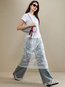 Muvela Women Floral Lace V-Neck Sleeveless Mid-Calf Dress