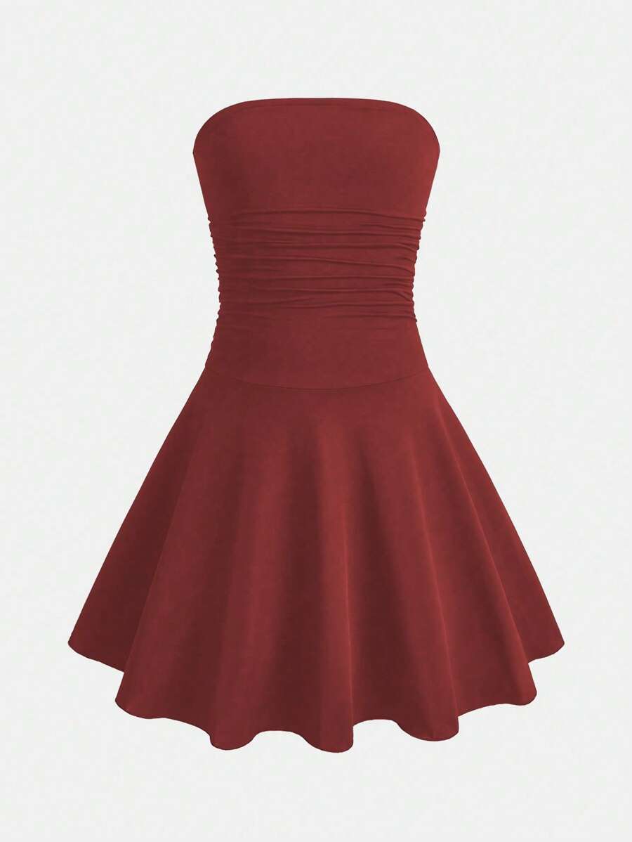 SHEIN Teen Girls Tube Top Waist Mini Dress, Black A-Line Casual Dress, Basic Style, Suitable For Spring And Summer Wear, Elegant Vacation, Cute Style, No Traditional Patterns Cheap Dress Simple Teen Dresses - Burgundy - View 1