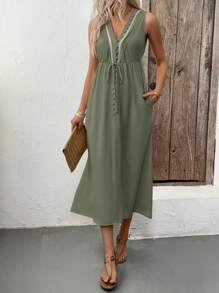 SHEIN Clasi Đầm không tay thắt eo thiết kế nút ngày lễ cho nữ - màu xanh lá - Xem 3