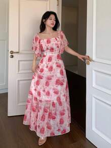Modelyn Chiffon Batik Muster Quadratischer Ausschnitt A-Linie Kleid - Verschiedenfarbig - Übersicht 7