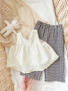 SHEIN Babygirl Summer Cute & Elegant Versatile Beige Sleeveless Loose Top & Plaid Wide-Leg Pants Set - Apricot - View 7