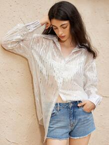 GENKIRA 宽松不对称条纹印花雪纺长袖女衬衫，透气清爽，适合夏季度假 - 白色 - 查看 6