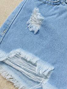 SHEIN Young Girl Vacation Casual Washed Distressed Denim Shorts - Light Wash - View 3