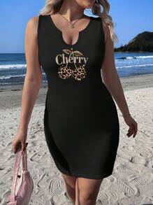 Veykashi Plus Size Women Leopard & Cherry Print Casual Sleeveless Bodycon Dress Suitable For Going Out - Black - View 4