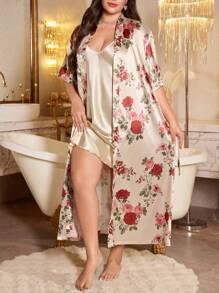 LuxeNights 大码睡衣套装：纯色吊带背心裙和花卉印花长袍豪华家居服 - 彩色 - 查看 3