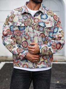Manfinity Homme 这款男士时尚休闲复古奢华花卉纹理提花衬衫夹克采用时尚设计，配有胸袋。它融合了复古美学和现代时尚，适合男士和情侣秋冬季穿着，是外出时尚之选，搭配彩色图案长袖轻便夹克，是送给朋友、丈夫和男朋友的绝佳礼物。 - 彩色 - 查看 3