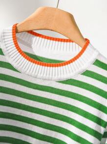 CosyJoli Plus Size Casual Striped Contrast Color Round Neck Short Sleeve Knit Top - Green - View 5