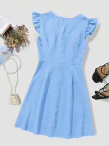 SHEIN Clasi Women's Deep V-Neck Button Cap Sleeve Sexy Vacation Dress - Blue - View 2