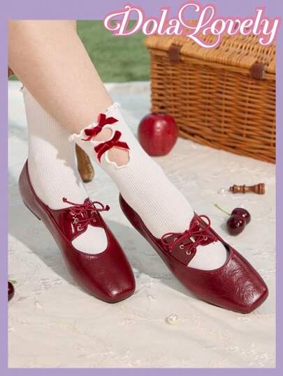 Dola Lovely Vintage Fashion Comfortable Casual Anchor Red Oil Wax Leather Textured Mary Jane Square Toe Flat Shoes