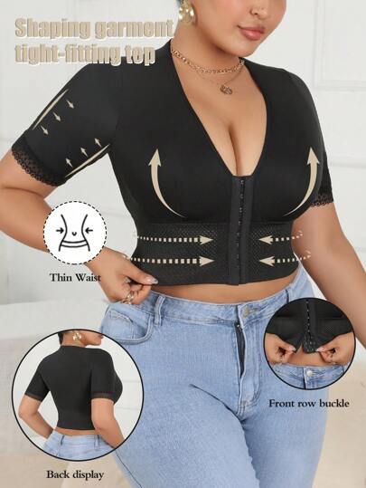SHEIN Plus Size Black Breathable Lace Trim Waist Trainer Corset Top Comfortable And Shapewear For Everyday Wear Plus Size Corset Top Tummy Control Top Shaping Garment Top Plus Size Corset Belt Tight-Fitting Top