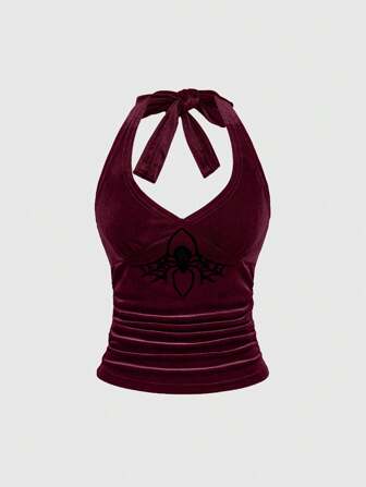 Camiseta sin mangas con cuello halter plisada de estilo casual con diseño de tela de araña para mujer