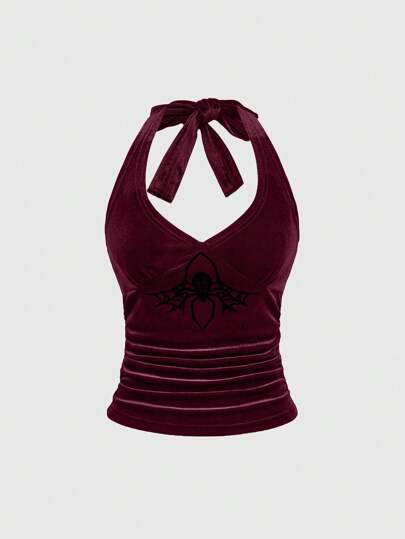 Débardeur casual plissé à col ras-du-cou pour femmes, motif toile d'araignée