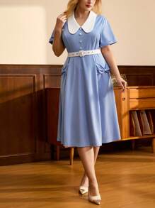 SHEIN DECDS 大码淑女连衣裙 复古经典优雅淑女连衣裙 春夏拼色翻领蝴蝶结连衣裙 蓝色中长款连衣裙 腰带伞裙 优雅淑女连衣裙 - 藍色 - 查看 4