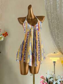 Attitoon 复古风格黄蓝对比条纹图案休闲度假性感可爱 Y2K Coconutgirl 波西米亚音乐节简约女式背心，适合夏季 - 彩色 - 查看 9