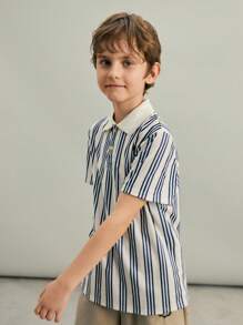 SHEIN Leap Crew Tween Boys' Casual Comfortable All-Match Versatile Printed Rib Knit Polo Collar Half-Placket Pullover Suitable For School, Garden, Beach, Birthday In Spring, Summer, Fall, Winter Seasons - White - View 2