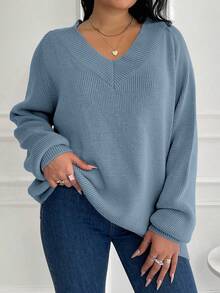 EURMUSE Suéter informal de un solo color, talla grande, adecuado para otoño/invierno - Neblina azul - Ver 1