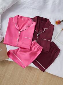 SHEIN 4-Piece Faux Silk Pajama Set With Collar Cardigan, Short Sleeve And Shorts - Multicolor - View 5