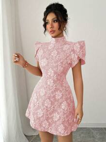 Elenzga Women's Vintage Red Textured Fabric Puff Sleeve Elegant High Collar Back Button Bow Contrasting Cutout Waist Design Slim Short Sleeve Mini Dress, Fashionable Summer - Pink - View 2