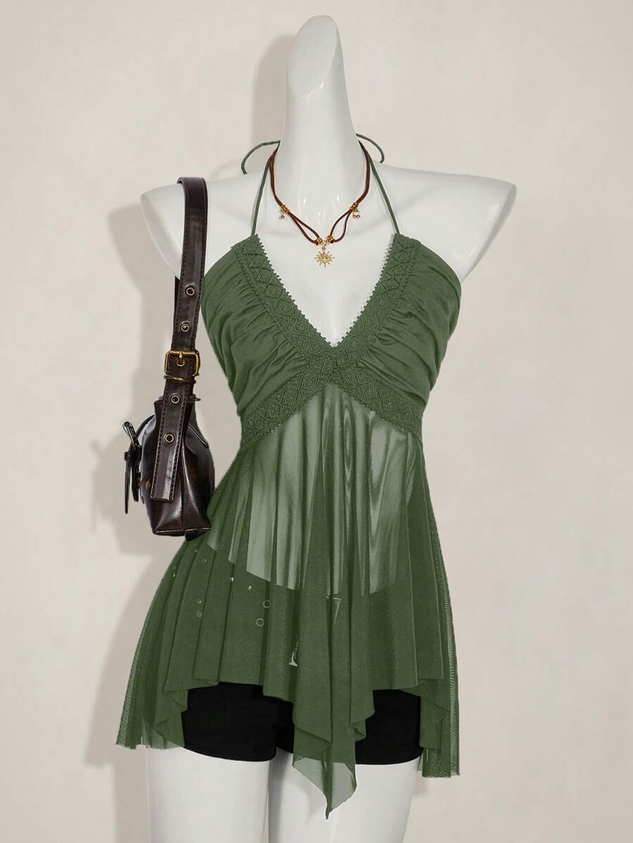 SHEIN ICON 女式不对称网眼交叉拼接吊带背心，夏季 - 軍綠色 - 查看 1