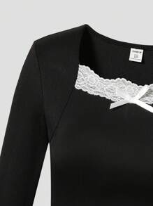 SHEIN Tween 女童方领蕾丝边修身长袖上衣，优雅时尚衬衫，非常适合青少年和年轻女士 - 黑色 - 查看 4