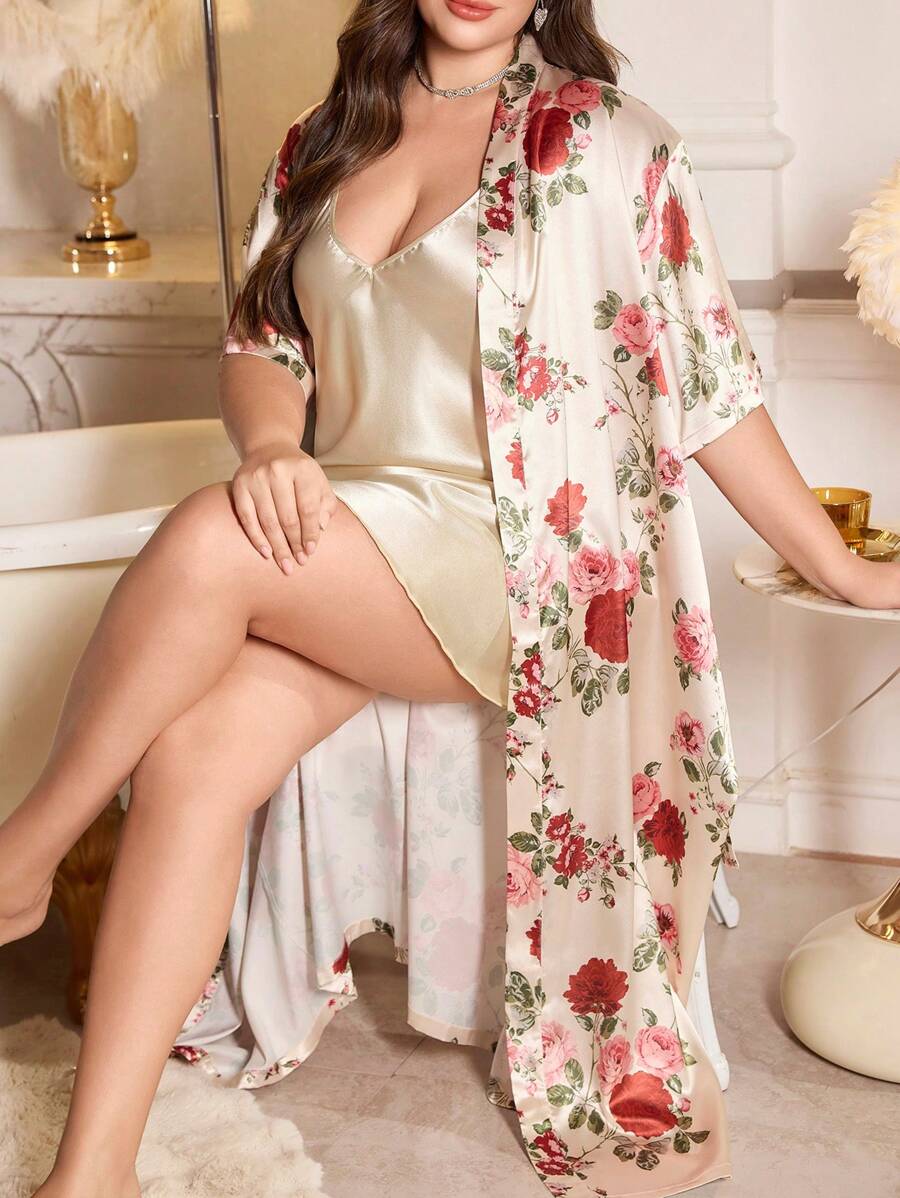 LuxeNights 大码睡衣套装：纯色吊带背心裙和花卉印花长袍豪华家居服 - 彩色 - 查看 1