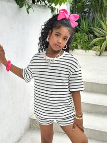 SHEIN Tween Girl Striped Crew Neck Drop Shoulder Top And Tie-Waist Shorts Casual 2 Pieces Set